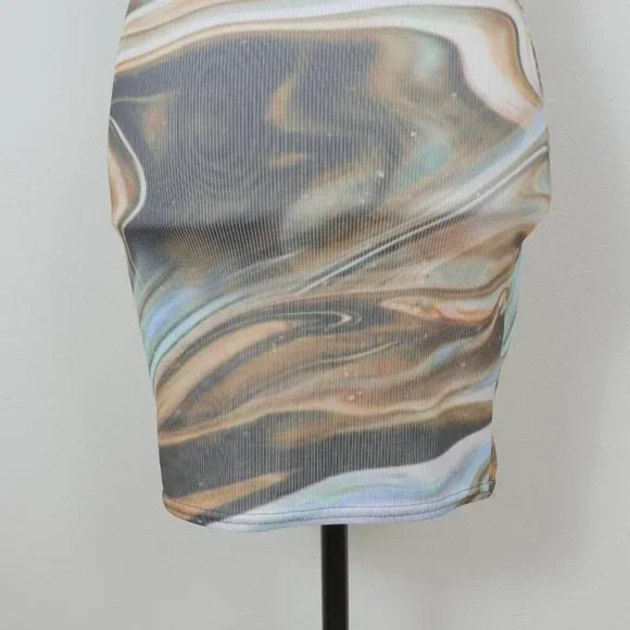 Pretty Little Thing Blue Brown Green Marble Design Size 4 Sleeveless Mini Dress - Picture 4 of 11